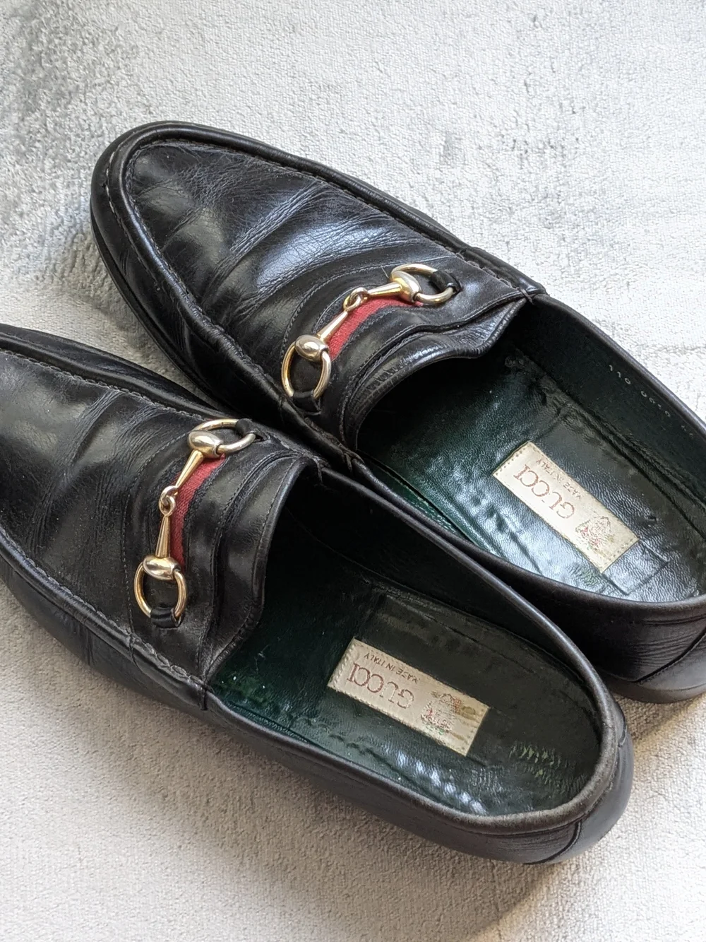 Gucci Black Leather Horsebit Loafers with Red Web Accent US 12 Vintage